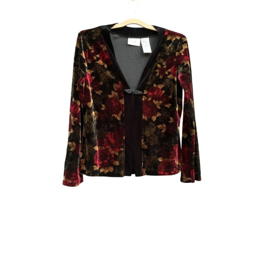 Kathie Lee Collection Velvet Floral Blazer Black‎ Red Frog Closure Jacket M